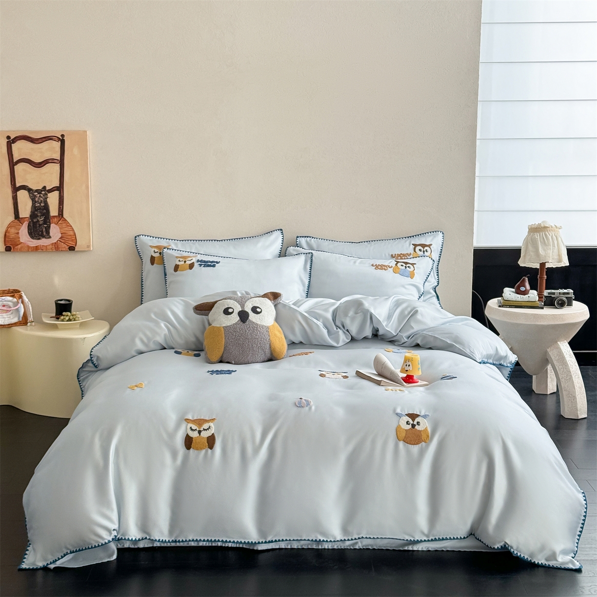 91家纺网 家纺一手货源 找家纺 （总）FORTWO家纺原创设计（FOR TWO家纺） 2026新款60天丝毛巾绣贝壳针四件套猫头鹰（券前）基础价不低于小号288元，中号358元，大号398元 床笠加10元