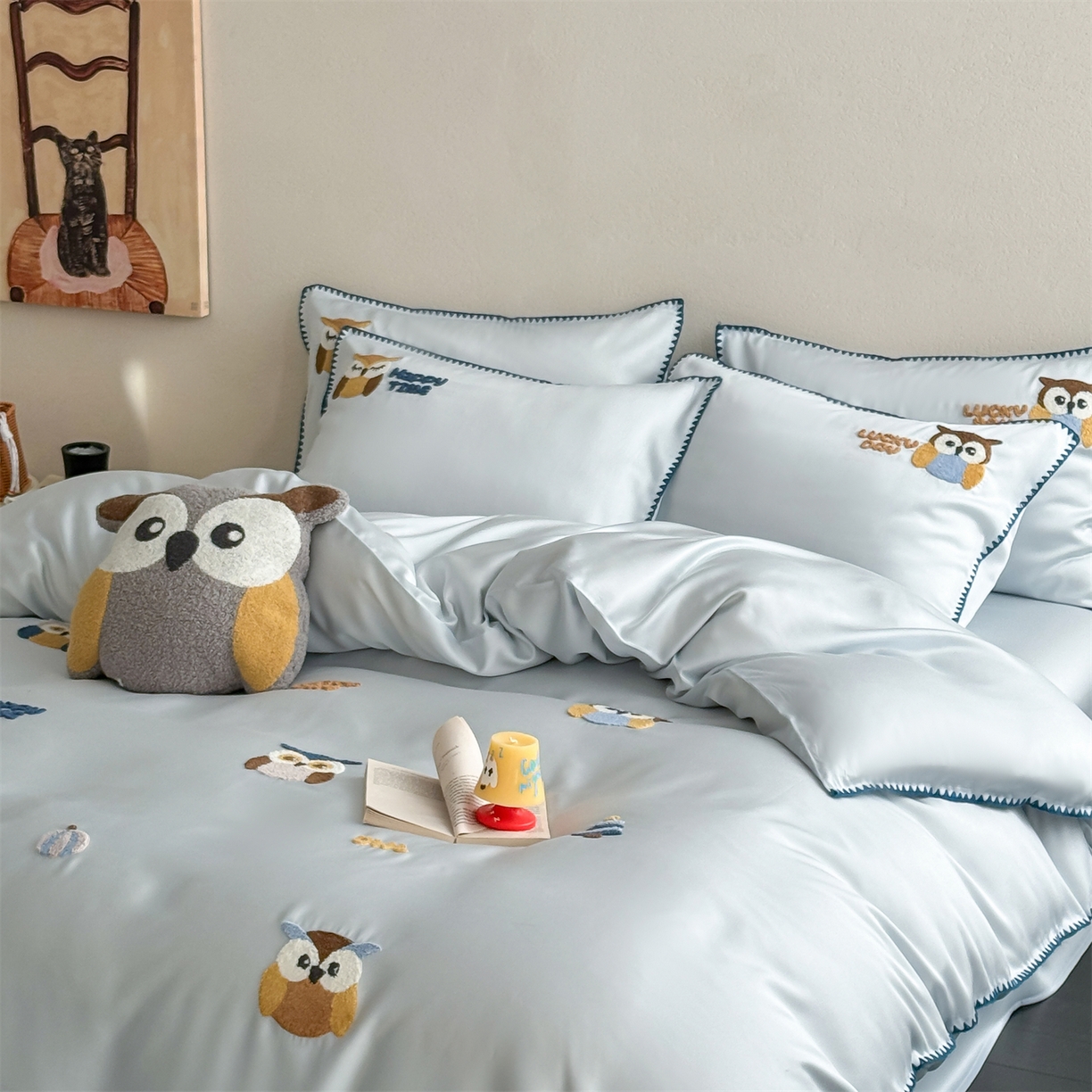 91家纺网 家纺一手货源 找家纺 （总）FORTWO家纺原创设计（FOR TWO家纺） 2026新款60天丝毛巾绣贝壳针四件套猫头鹰（券前）基础价不低于小号288元，中号358元，大号398元 床笠加10元