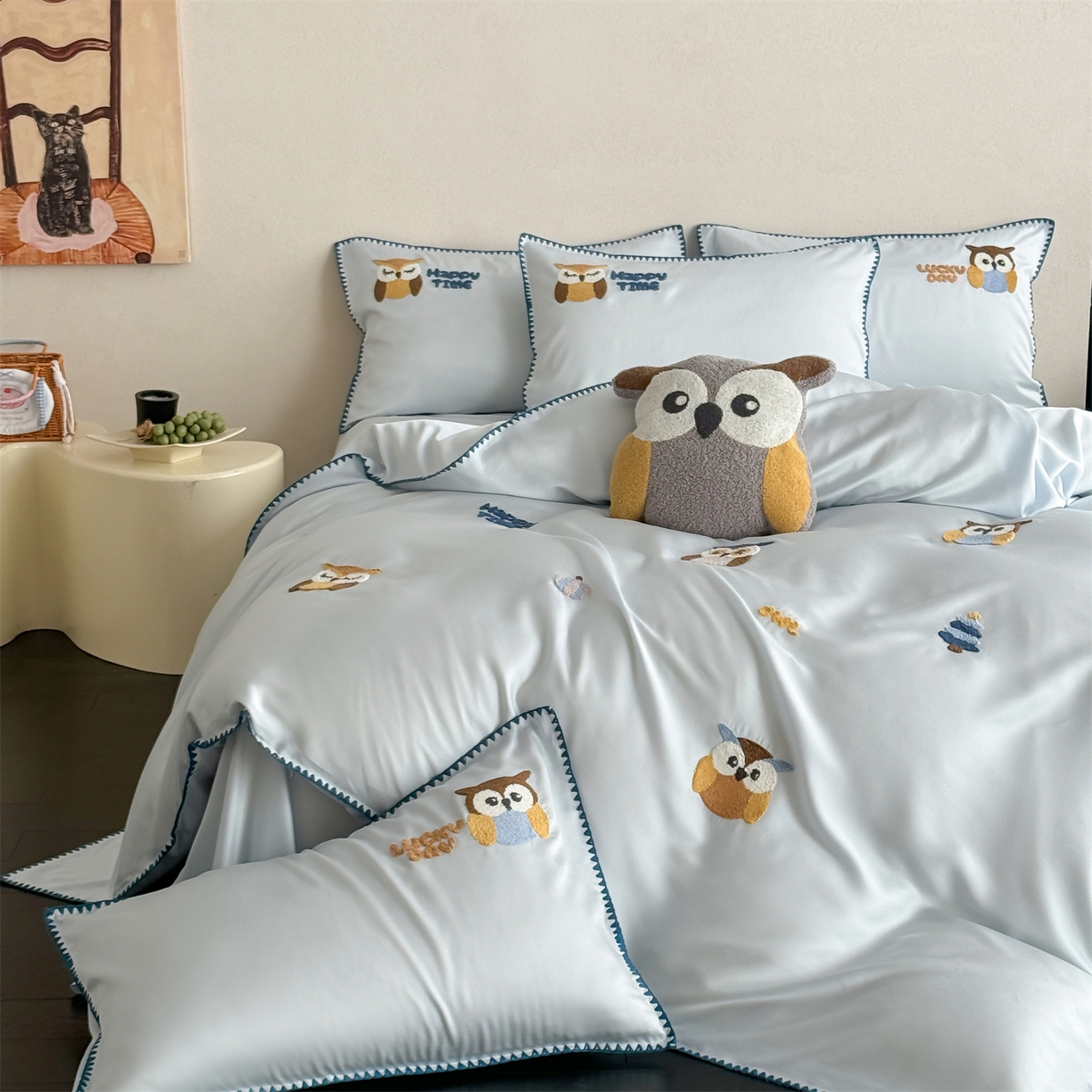 91家纺网 家纺一手货源 找家纺 （总）FORTWO家纺原创设计（FOR TWO家纺） 2026新款60天丝毛巾绣贝壳针四件套猫头鹰（券前）基础价不低于小号288元，中号358元，大号398元 床笠加10元