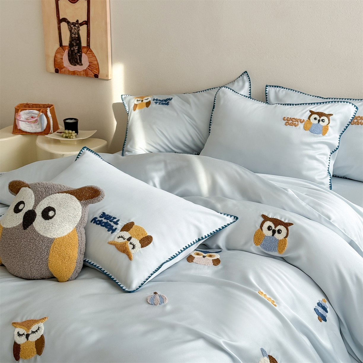 91家纺网 家纺一手货源 找家纺 （总）FORTWO家纺原创设计（FOR TWO家纺） 2026新款60天丝毛巾绣贝壳针四件套猫头鹰（券前）基础价不低于小号288元，中号358元，大号398元 床笠加10元