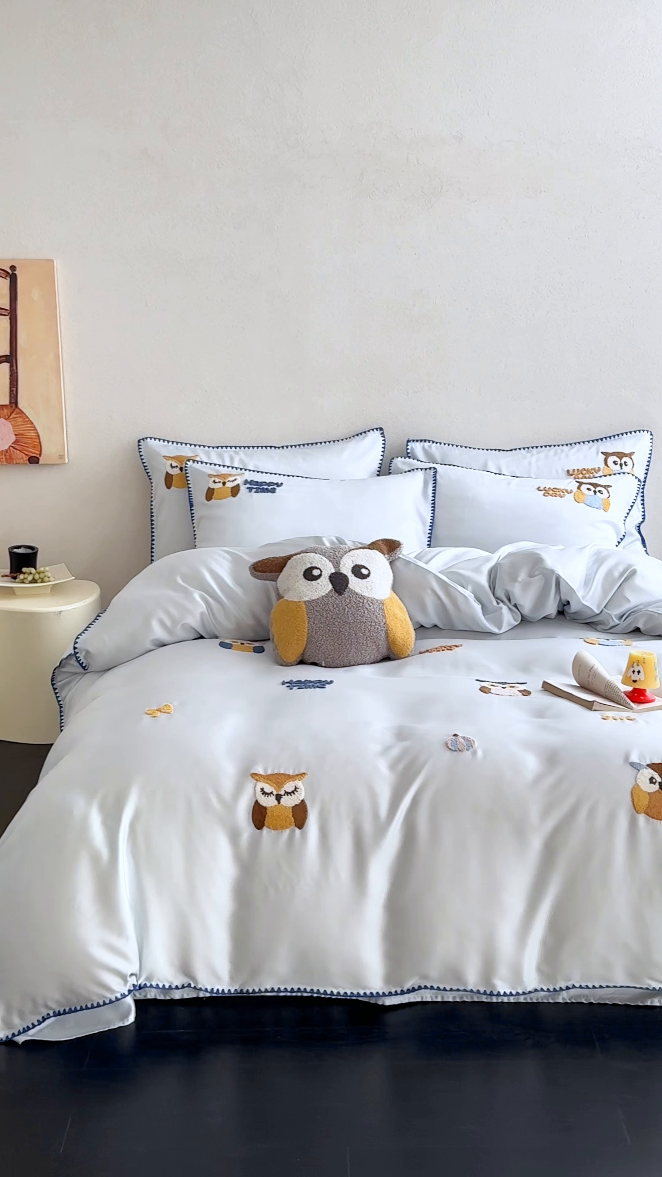 91家纺网 家纺一手货源 找家纺 （总）FORTWO家纺原创设计（FOR TWO家纺） 2026新款60天丝毛巾绣贝壳针四件套猫头鹰（券前）基础价不低于小号288元，中号358元，大号398元 床笠加10元