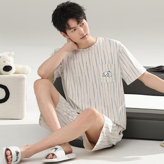 91家纺网 家纺一手货源 找家纺 （总）洛兰沙家居馆 无印风素色男款莫代尔短袖短裤家居服休闲宽松舒适大码可外穿