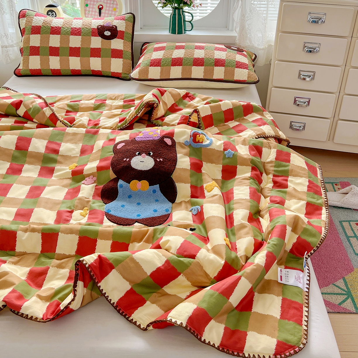 鑫喜莱家纺 2026新款全棉纯棉夏被毛巾绣贝壳边大豆纤维全棉夏凉被空调被夹棉绗棉枕套 酷酷的小熊