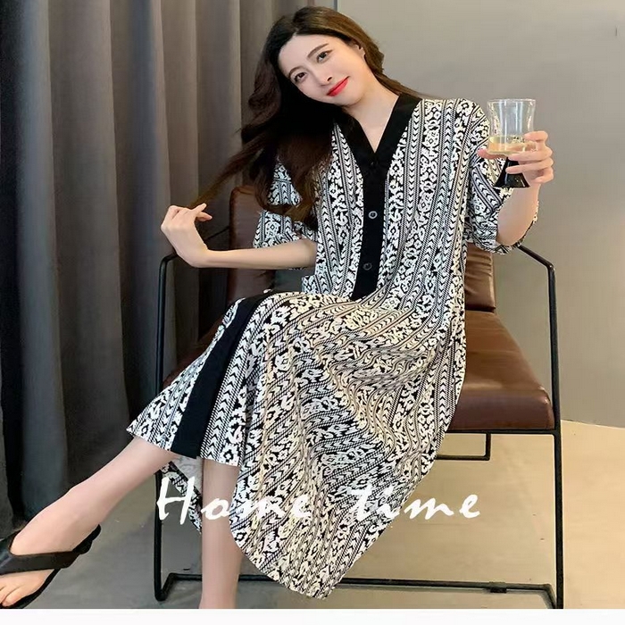 91家纺网 家纺一手货源 找家纺 （总）洛兰沙家居馆 日系睡裙女春秋莫代尔棉短袖长裙家居服休闲宽松舒适睡衣可外穿 