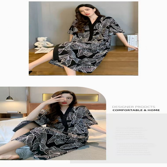 91家纺网 家纺一手货源 找家纺 （总）洛兰沙家居馆 日系睡裙女春秋莫代尔棉短袖长裙家居服休闲宽松舒适睡衣可外穿 