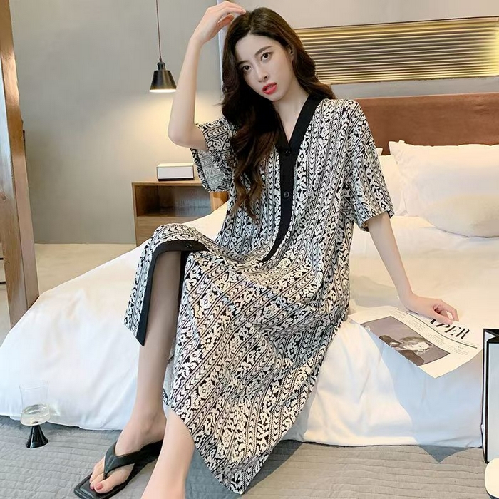 91家纺网 家纺一手货源 找家纺 （总）洛兰沙家居馆 日系睡裙女春秋莫代尔棉短袖长裙家居服休闲宽松舒适睡衣可外穿 