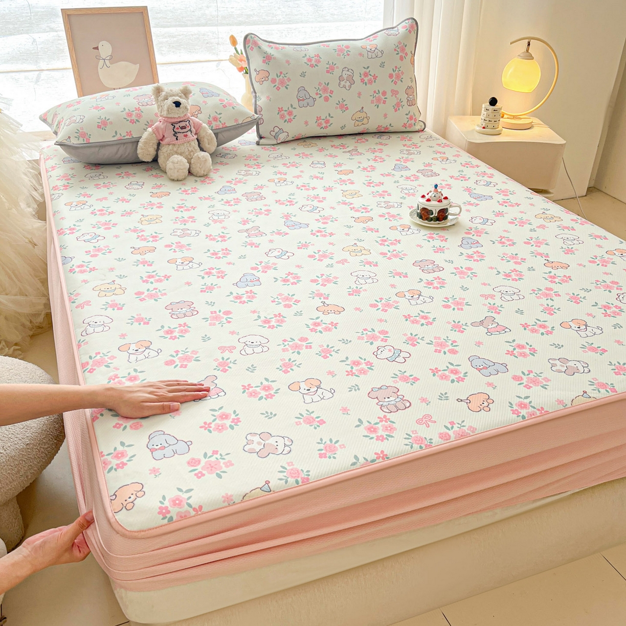 川悦生活 2026新款凉豆豆斜纹冰丝凉席单品床笠单件床笠 床笠花都小狗