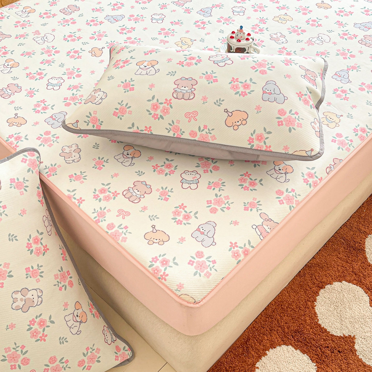 91家纺网 家纺一手货源 找家纺 川悦生活 2026新款凉豆豆斜纹冰丝凉席单品床笠单件床笠 床笠花都小狗