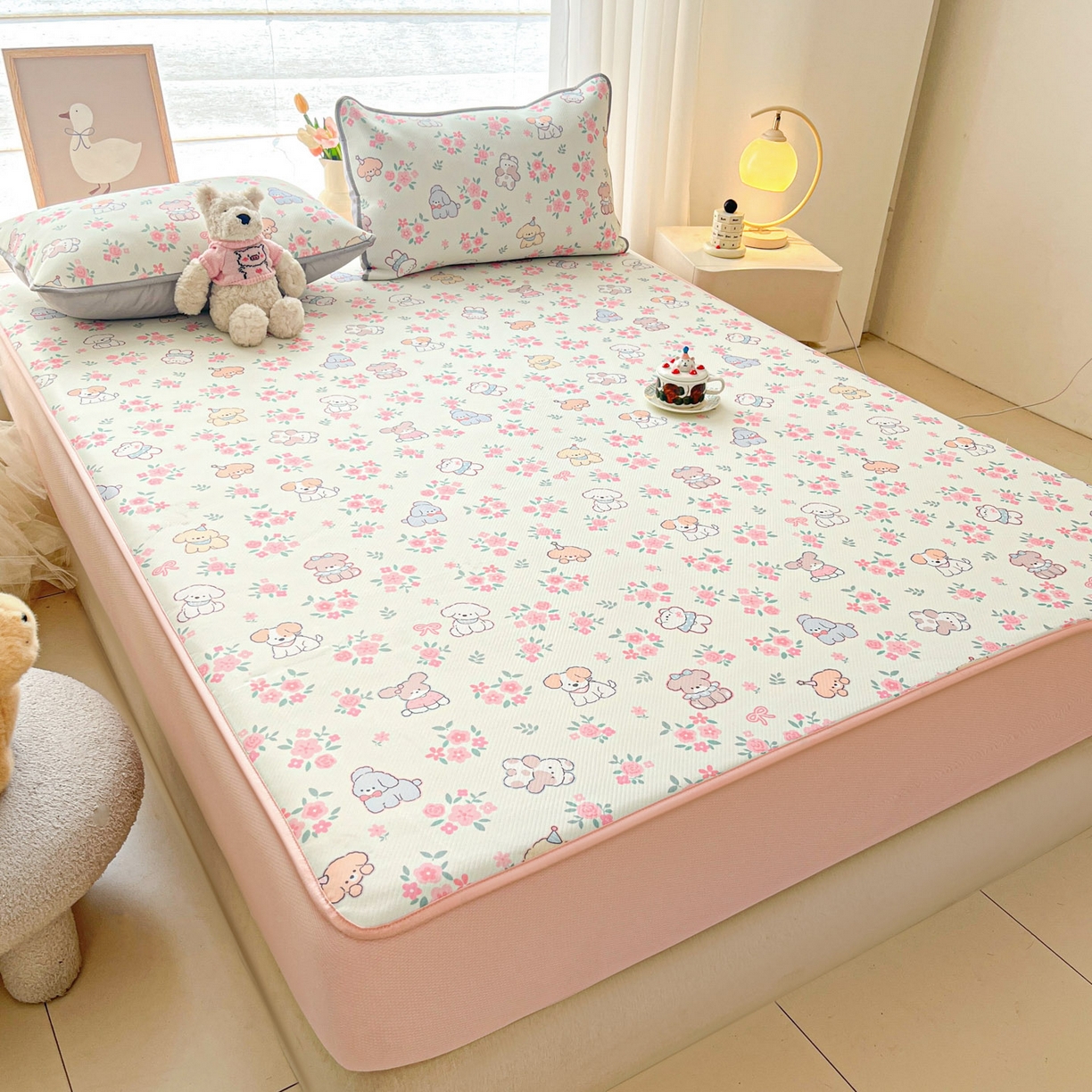 91家纺网 家纺一手货源 找家纺 川悦生活 2026新款凉豆豆斜纹冰丝凉席单品床笠单件床笠 床笠花都小狗