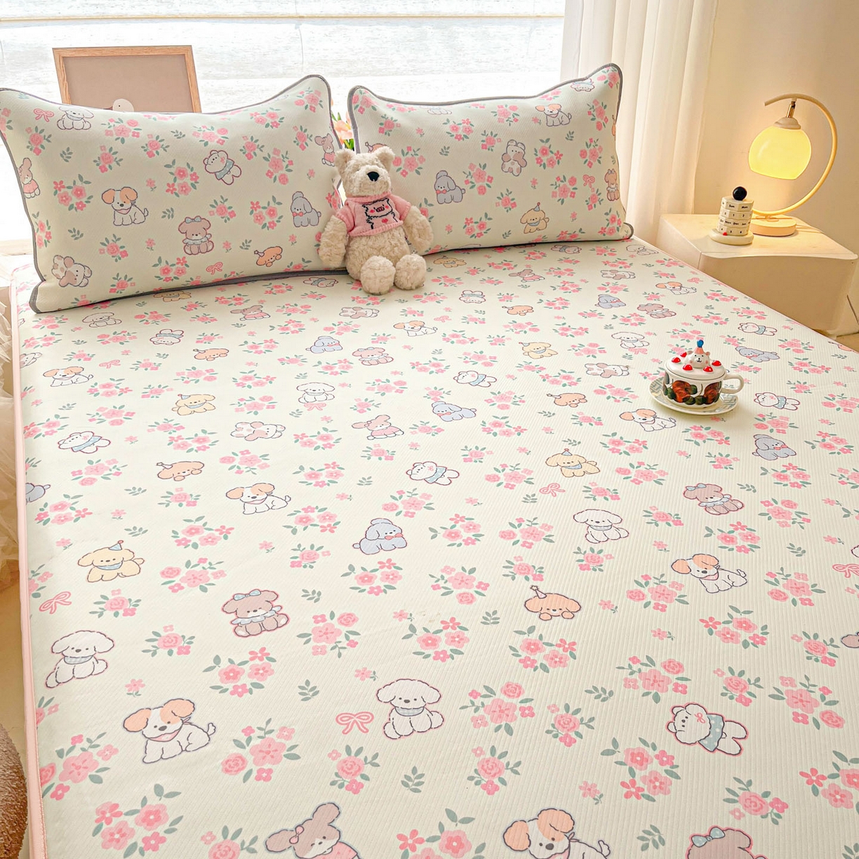 91家纺网 家纺一手货源 找家纺 川悦生活 2026新款凉豆豆斜纹冰丝凉席单品床笠单件床笠 床笠花都小狗