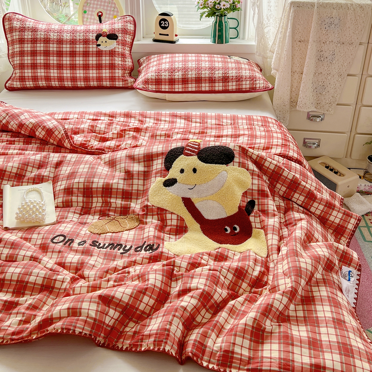 鑫喜莱家纺 2026新款全棉纯棉夏被毛巾绣贝壳边大豆纤维全棉夏凉被空调被夹棉绗棉枕套 面包小狗