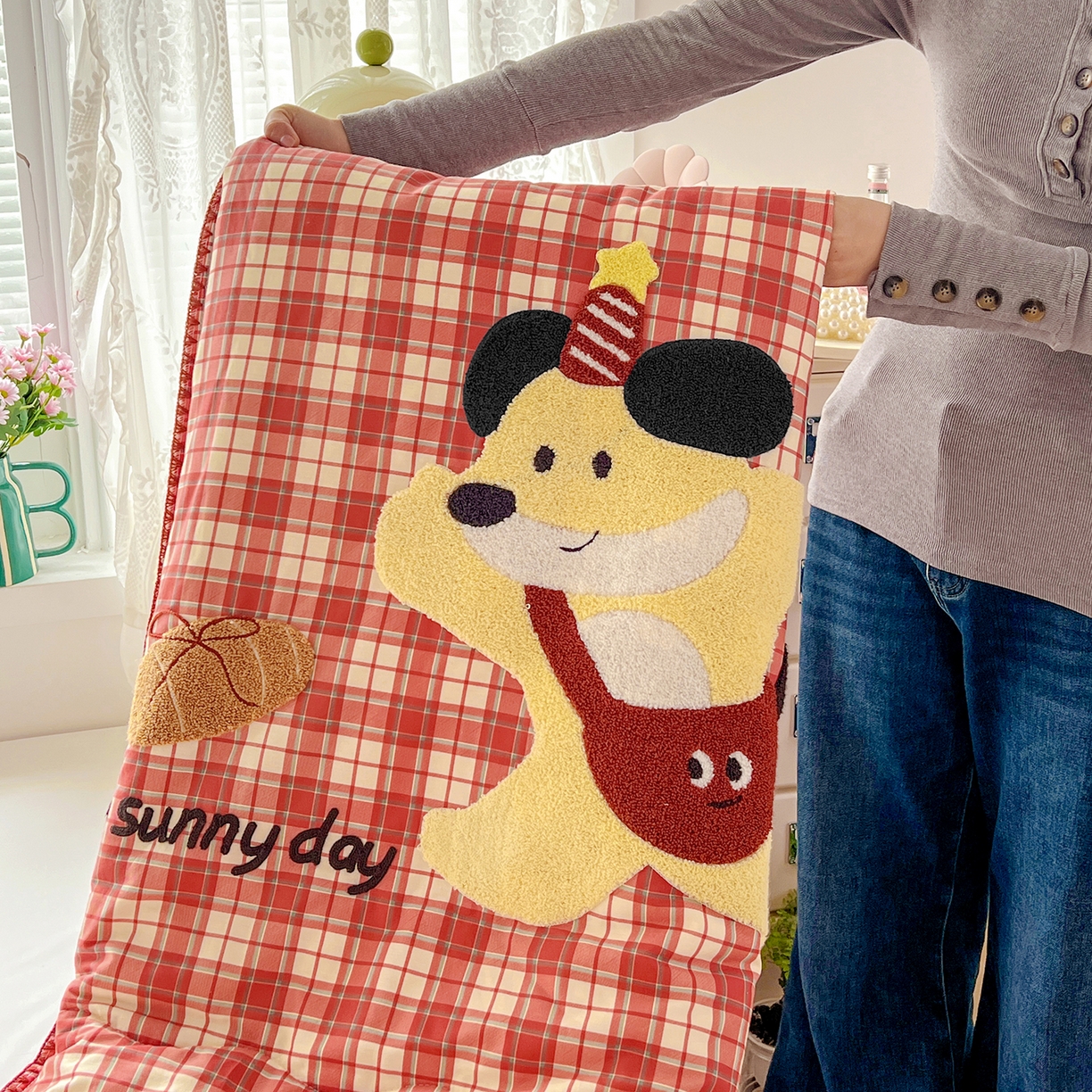 91家纺网 家纺一手货源 找家纺 鑫喜莱家纺 2026新款全棉纯棉夏被毛巾绣贝壳边大豆纤维全棉夏凉被空调被夹棉绗棉枕套 面包小狗