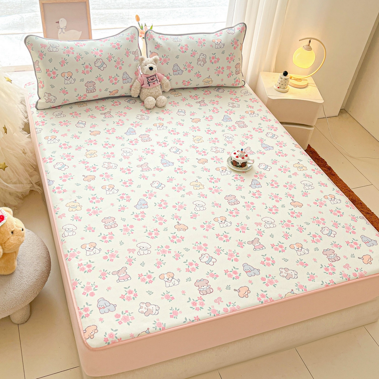 91家纺网 家纺一手货源 找家纺 川悦生活 2026新款凉豆豆斜纹冰丝凉席单品床笠单件床笠 床笠花都小狗