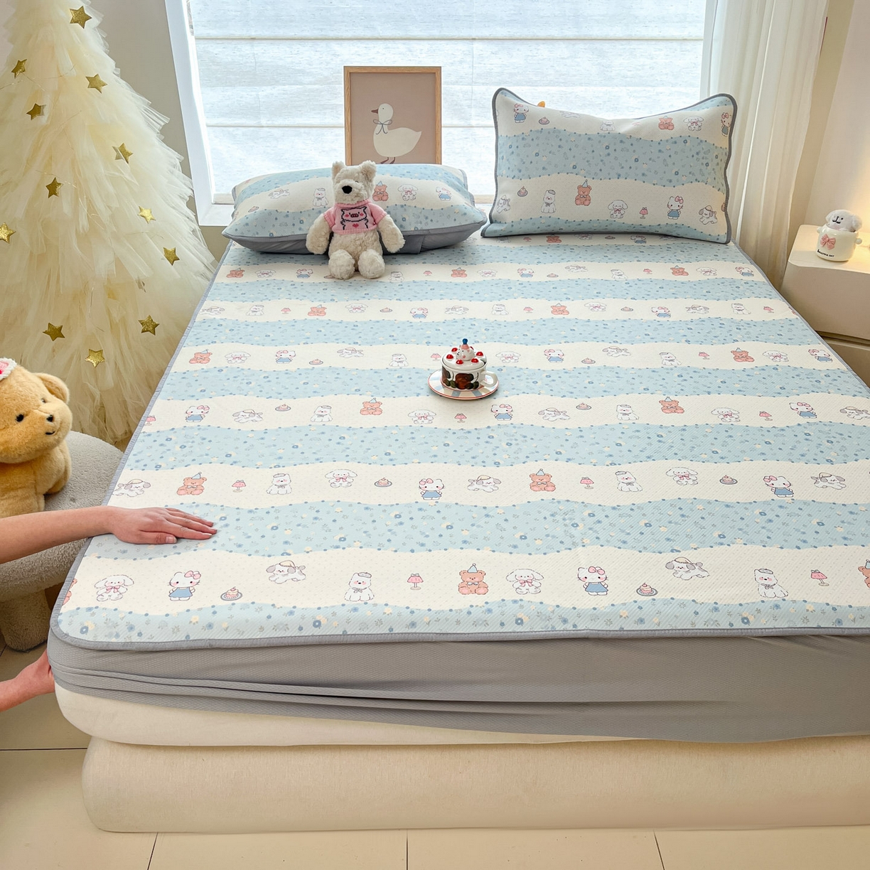 91家纺网 家纺一手货源 找家纺 川悦生活 2026新款凉豆豆斜纹冰丝凉席单品床笠单件床笠 床笠花田乐园