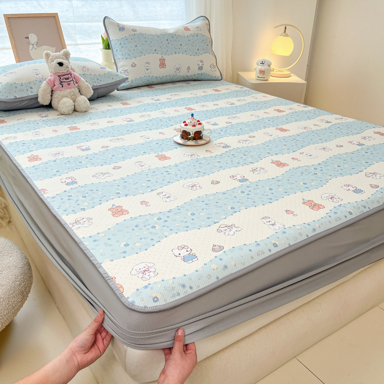 91家纺网 家纺一手货源 找家纺 川悦生活 2026新款凉豆豆斜纹冰丝凉席单品床笠单件床笠 床笠花田乐园