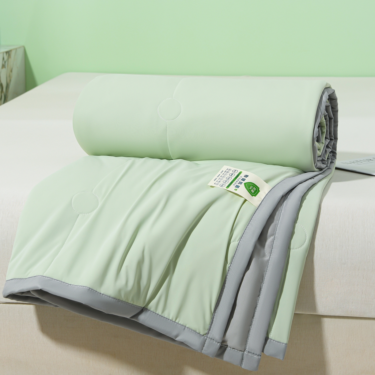91家纺网 家纺一手货源 找家纺 羽涵家纺 2026新款双感凉感丝夏被夏凉被空调被 抹茶灰