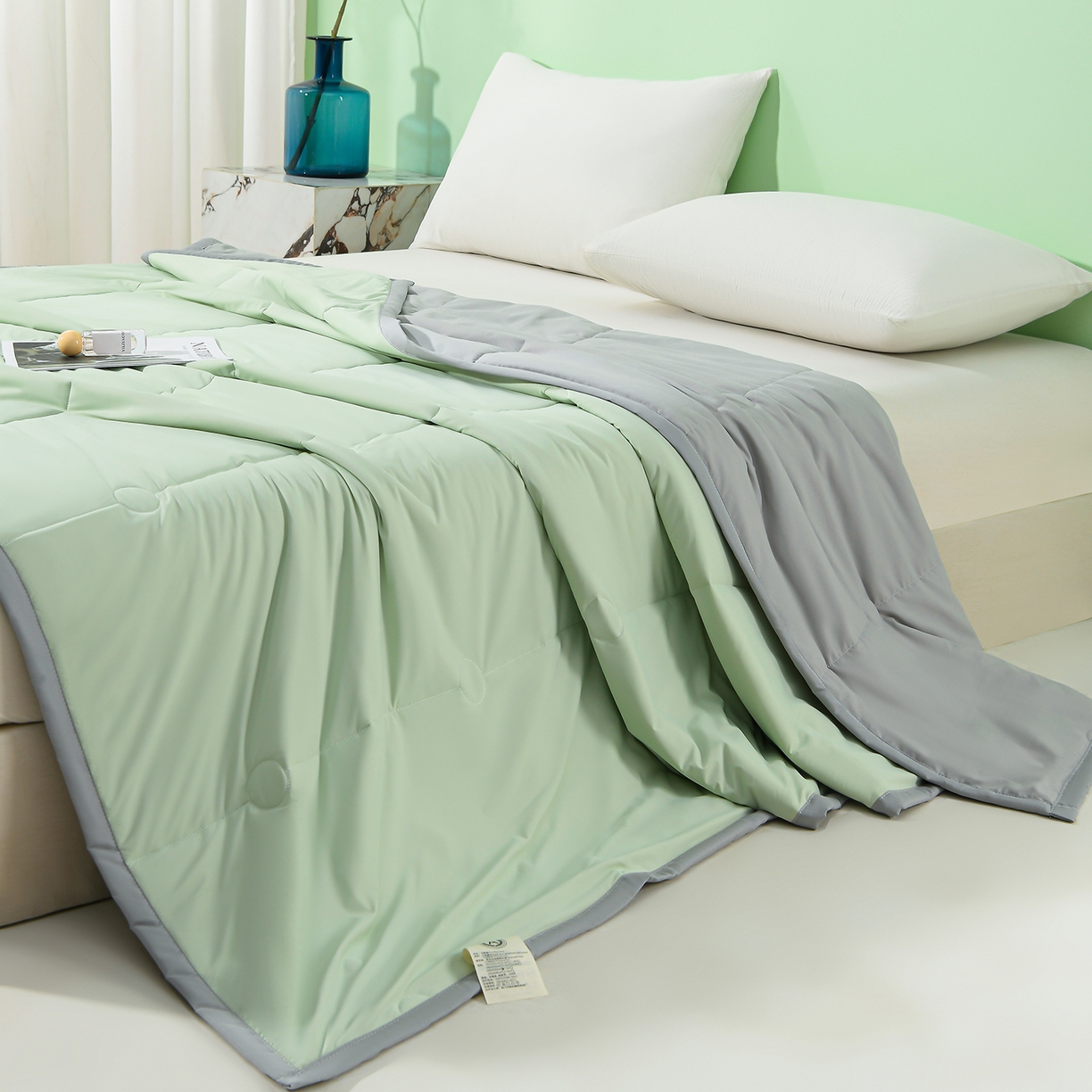 91家纺网 家纺一手货源 找家纺 羽涵家纺 2026新款双感凉感丝夏被夏凉被空调被 抹茶灰