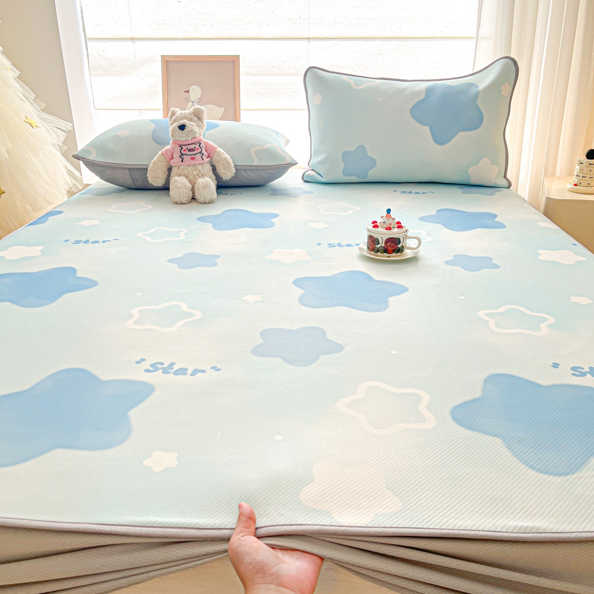 91家纺网 家纺一手货源 找家纺 川悦生活 2026新款凉豆豆斜纹冰丝凉席单品床笠单件床笠 床笠快乐星晴