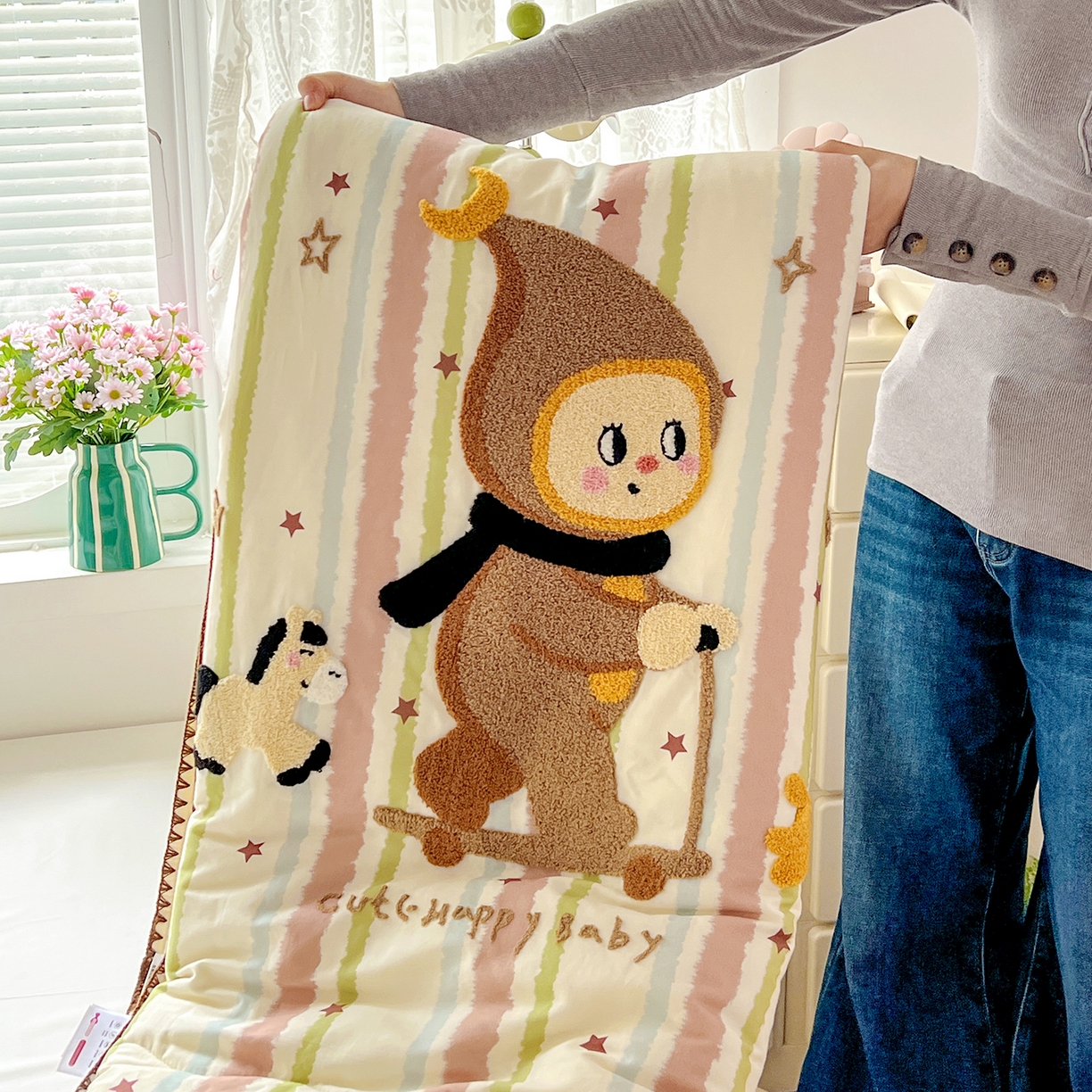 91家纺网 家纺一手货源 找家纺 鑫喜莱家纺 2026新款全棉纯棉夏被毛巾绣贝壳边大豆纤维全棉夏凉被空调被夹棉绗棉枕套 星星人