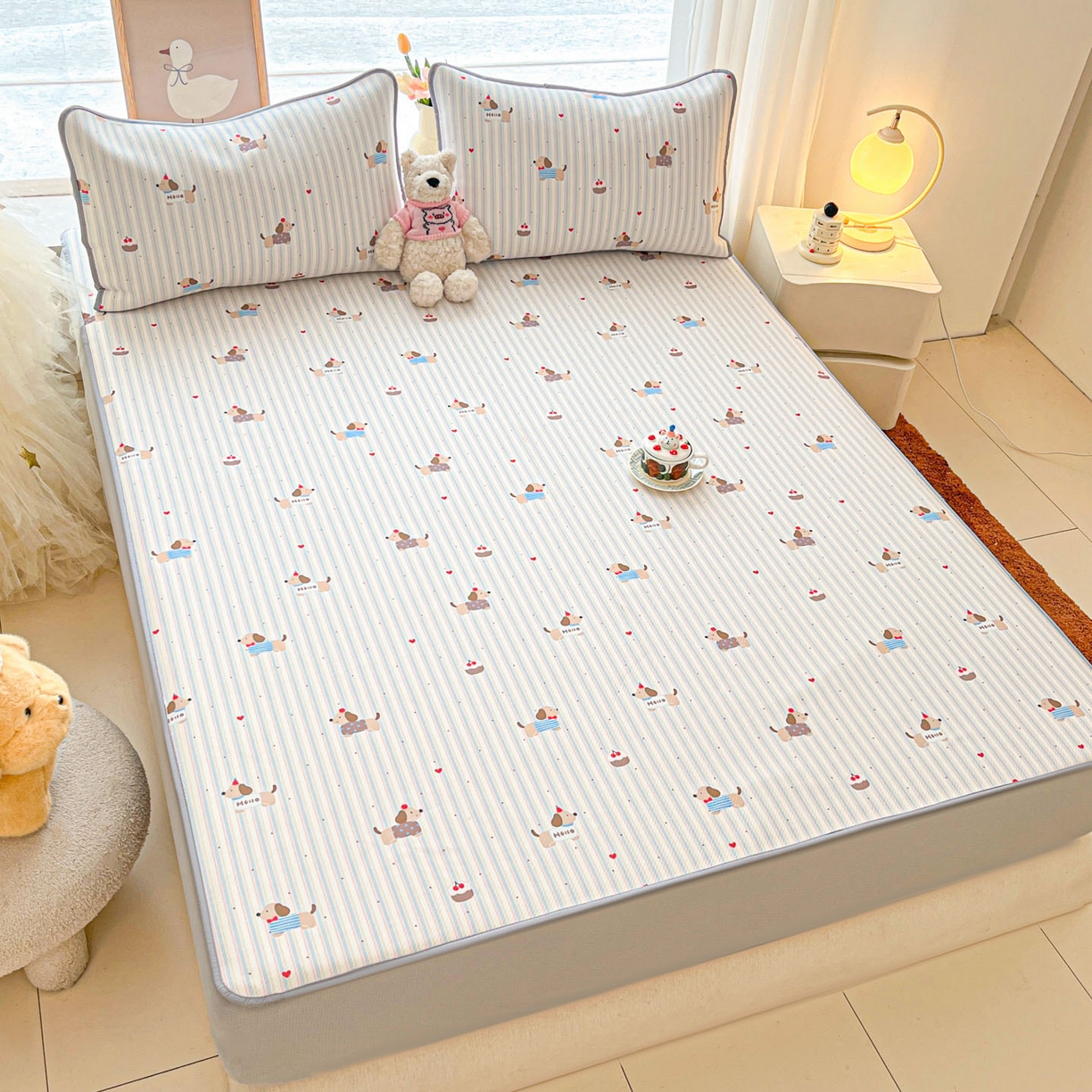 91家纺网 家纺一手货源 找家纺 川悦生活 2026新款凉豆豆斜纹冰丝凉席单品床笠单件床笠 床笠腊肠甜心