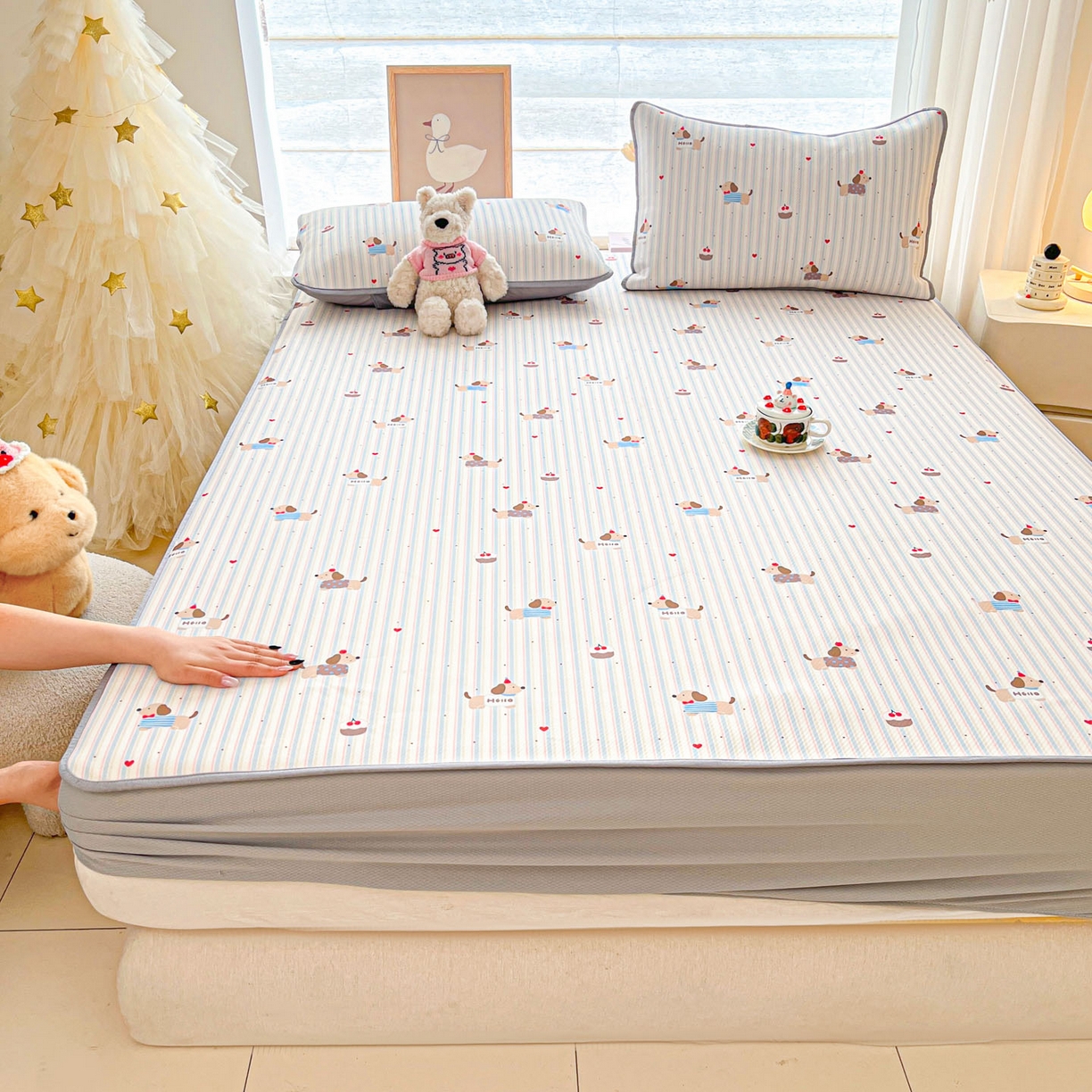 91家纺网 家纺一手货源 找家纺 川悦生活 2026新款凉豆豆斜纹冰丝凉席单品床笠单件床笠 床笠腊肠甜心