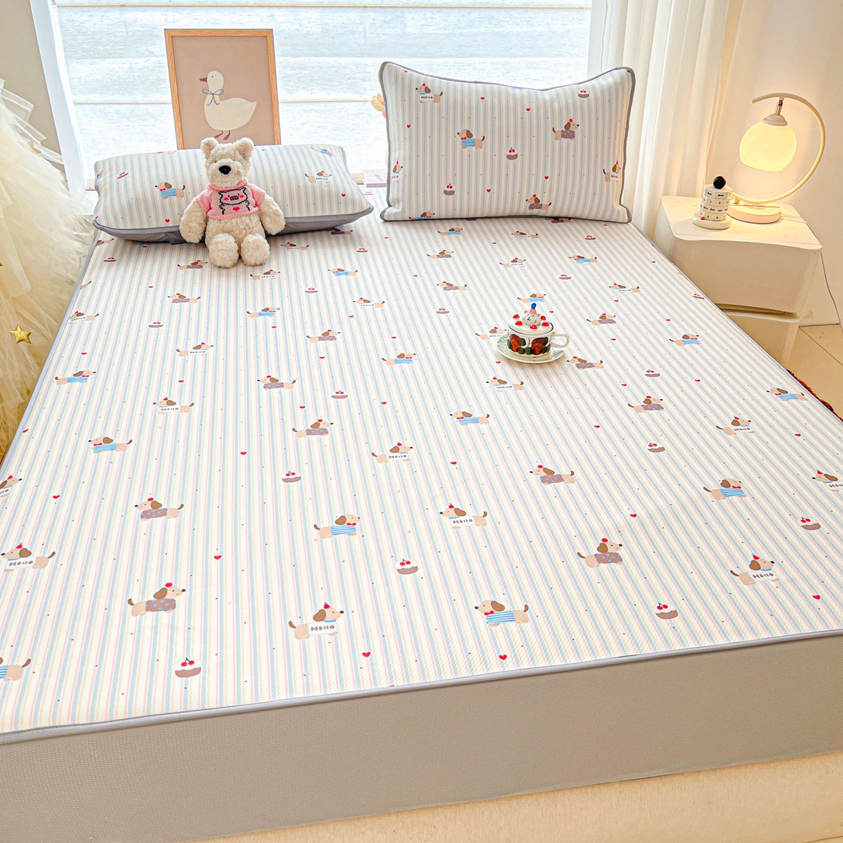 91家纺网 家纺一手货源 找家纺 川悦生活 2026新款凉豆豆斜纹冰丝凉席单品床笠单件床笠 床笠腊肠甜心