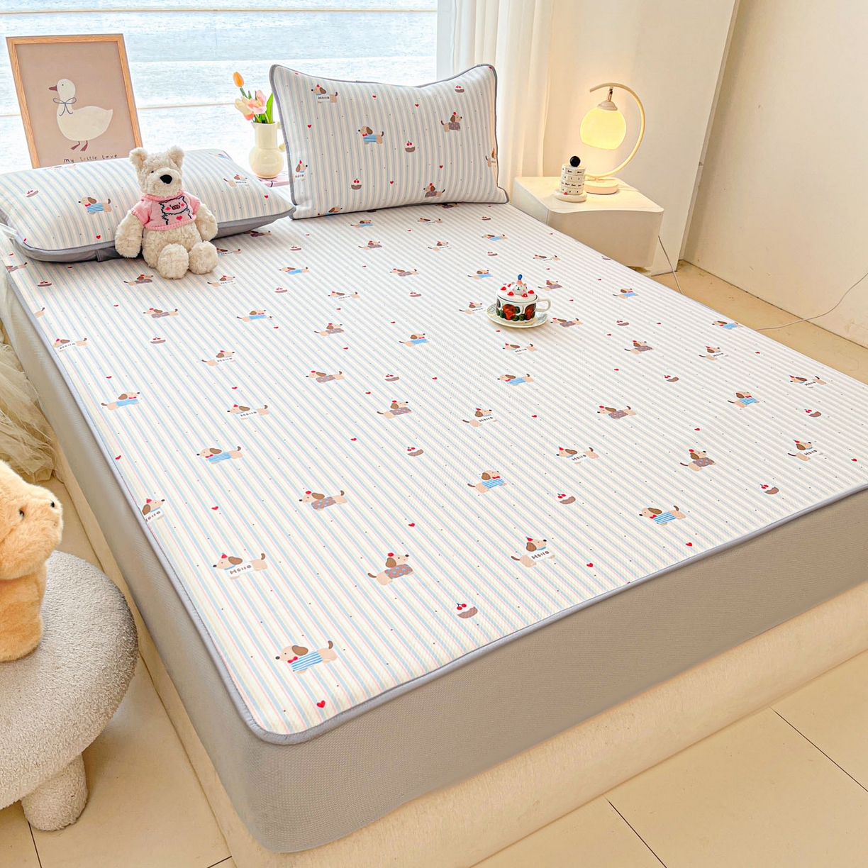 91家纺网 家纺一手货源 找家纺 川悦生活 2026新款凉豆豆斜纹冰丝凉席单品床笠单件床笠 床笠腊肠甜心