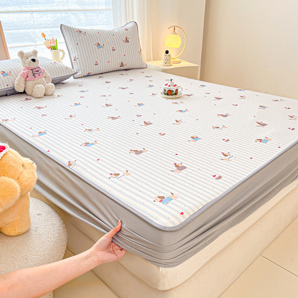 91家纺网 家纺一手货源 找家纺 川悦生活 2026新款凉豆豆斜纹冰丝凉席单品床笠单件床笠 床笠腊肠甜心