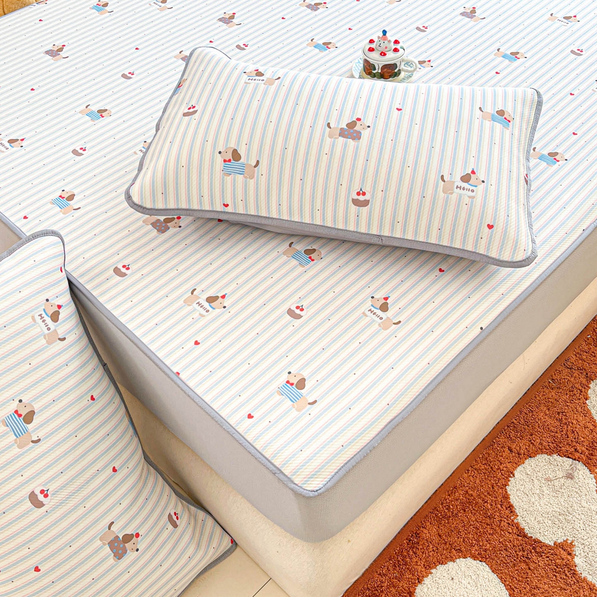 91家纺网 家纺一手货源 找家纺 川悦生活 2026新款凉豆豆斜纹冰丝凉席单品床笠单件床笠 床笠腊肠甜心