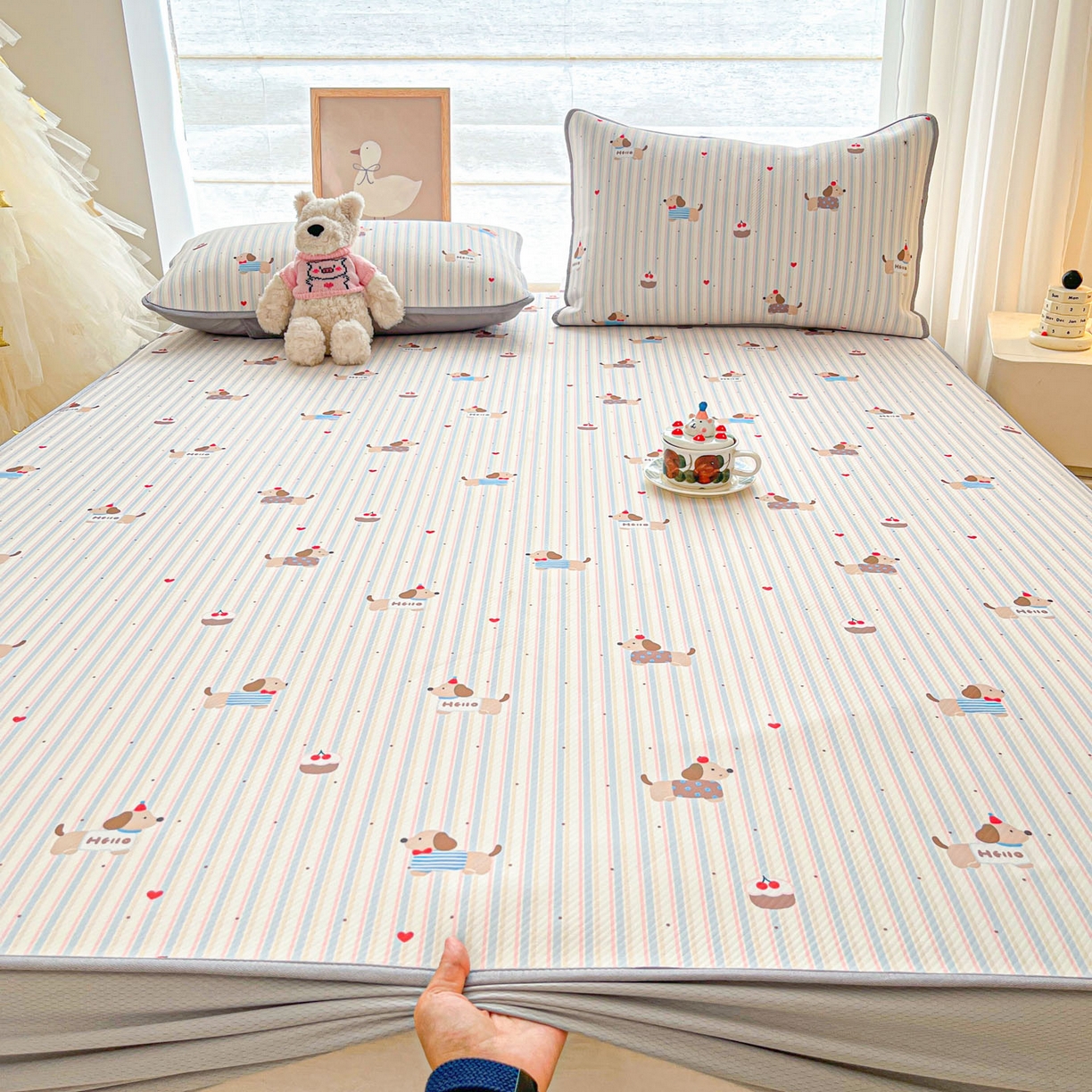 91家纺网 家纺一手货源 找家纺 川悦生活 2026新款凉豆豆斜纹冰丝凉席单品床笠单件床笠 床笠腊肠甜心