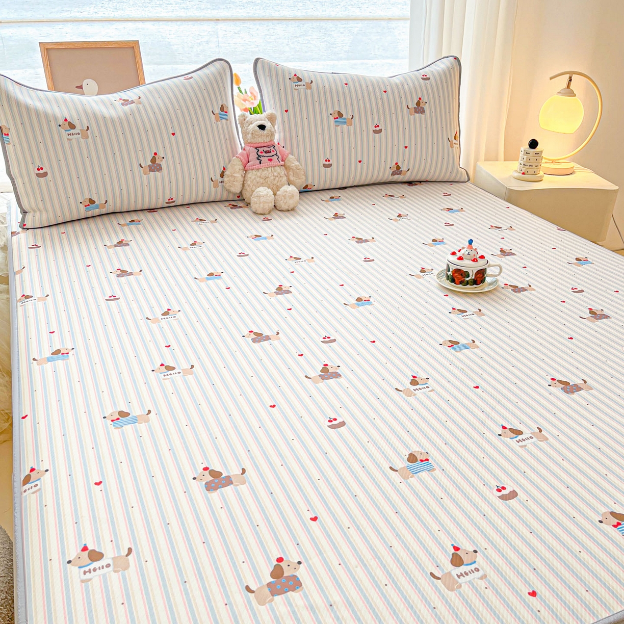 91家纺网 家纺一手货源 找家纺 川悦生活 2026新款凉豆豆斜纹冰丝凉席单品床笠单件床笠 床笠腊肠甜心