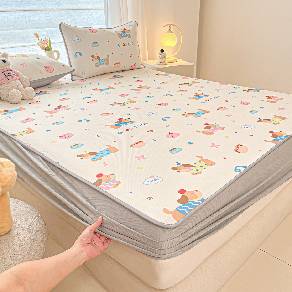 91家纺网 家纺一手货源 找家纺 川悦生活 2026新款凉豆豆斜纹冰丝凉席单品床笠单件床笠 床笠腊肠庄园