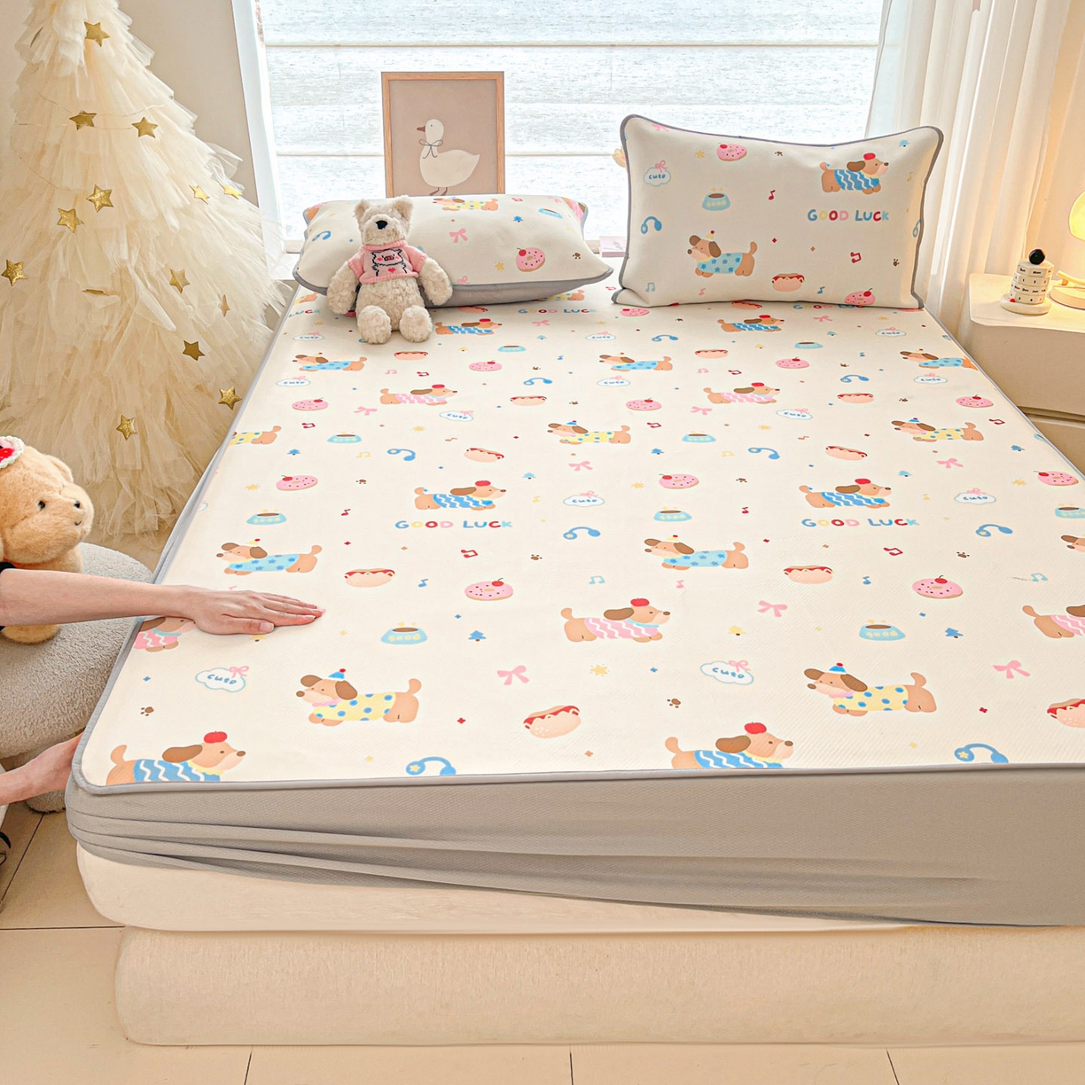 91家纺网 家纺一手货源 找家纺 川悦生活 2026新款凉豆豆斜纹冰丝凉席单品床笠单件床笠 床笠腊肠庄园