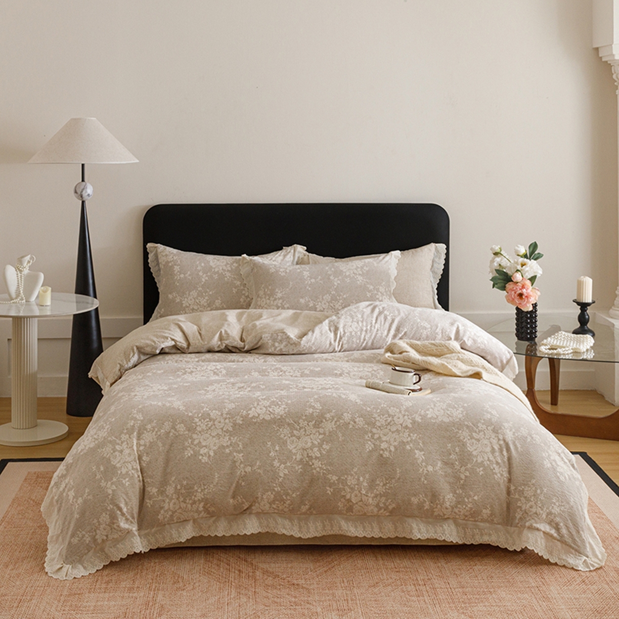 91家纺网 家纺一手货源 找家纺 悦然毛巾被 2026春夏新款加厚原麻水洗复古风四件套亚麻提花花边四件套 相思叶