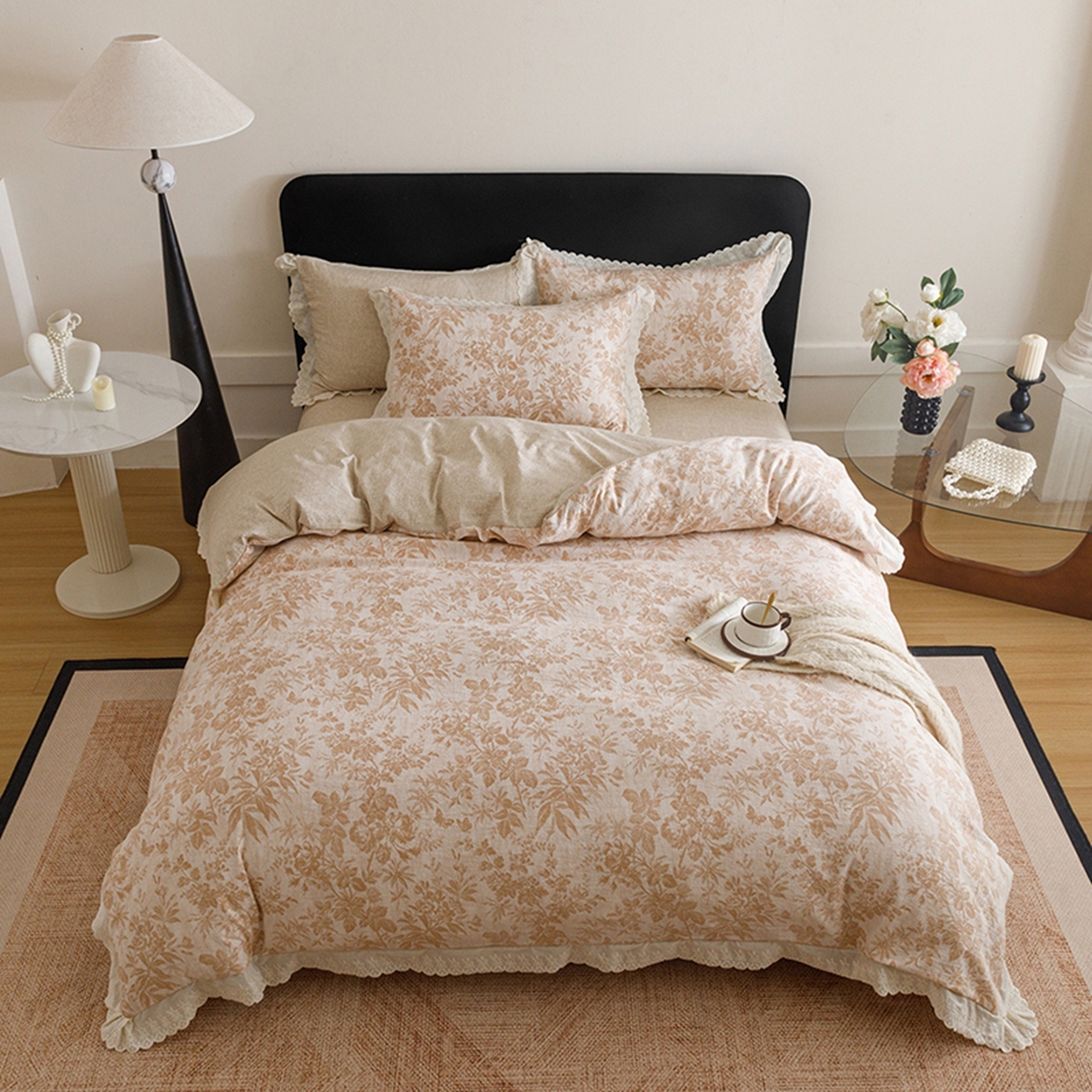 91家纺网 家纺一手货源 找家纺 悦然毛巾被 2026春夏新款加厚原麻水洗复古风四件套亚麻提花花边四件套 木棉花信