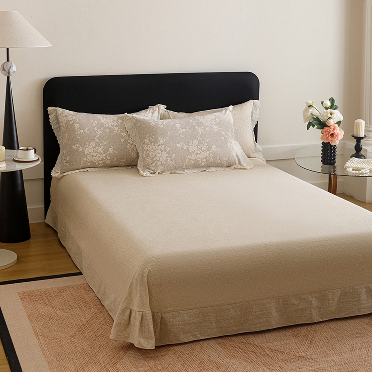 91家纺网 家纺一手货源 找家纺 悦然毛巾被 2026春夏新款加厚原麻水洗复古风四件套亚麻提花花边四件套 相思叶