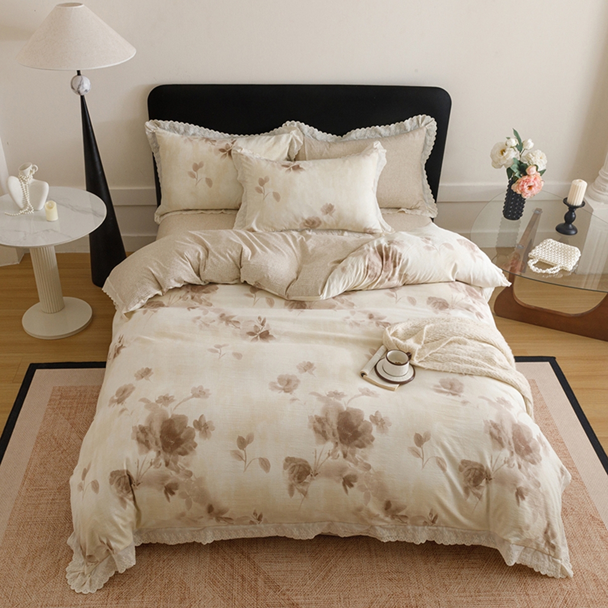 91家纺网 家纺一手货源 找家纺 悦然毛巾被 2026春夏新款加厚原麻水洗复古风四件套亚麻提花花边四件套 花影织梦