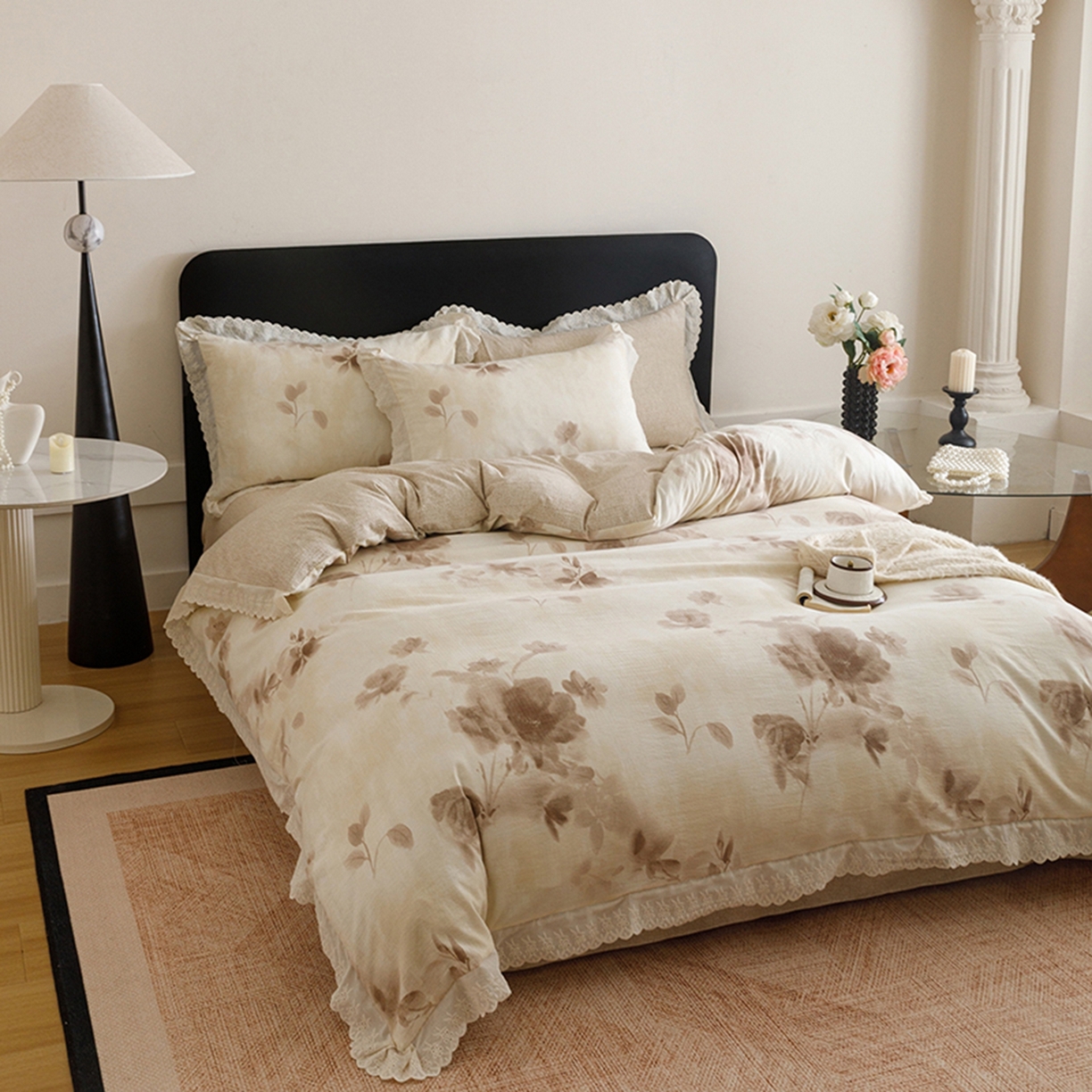 91家纺网 家纺一手货源 找家纺 悦然毛巾被 2026春夏新款加厚原麻水洗复古风四件套亚麻提花花边四件套 花影织梦