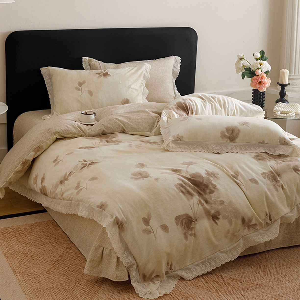 91家纺网 家纺一手货源 找家纺 悦然毛巾被 2026春夏新款加厚原麻水洗复古风四件套亚麻提花花边四件套 花影织梦