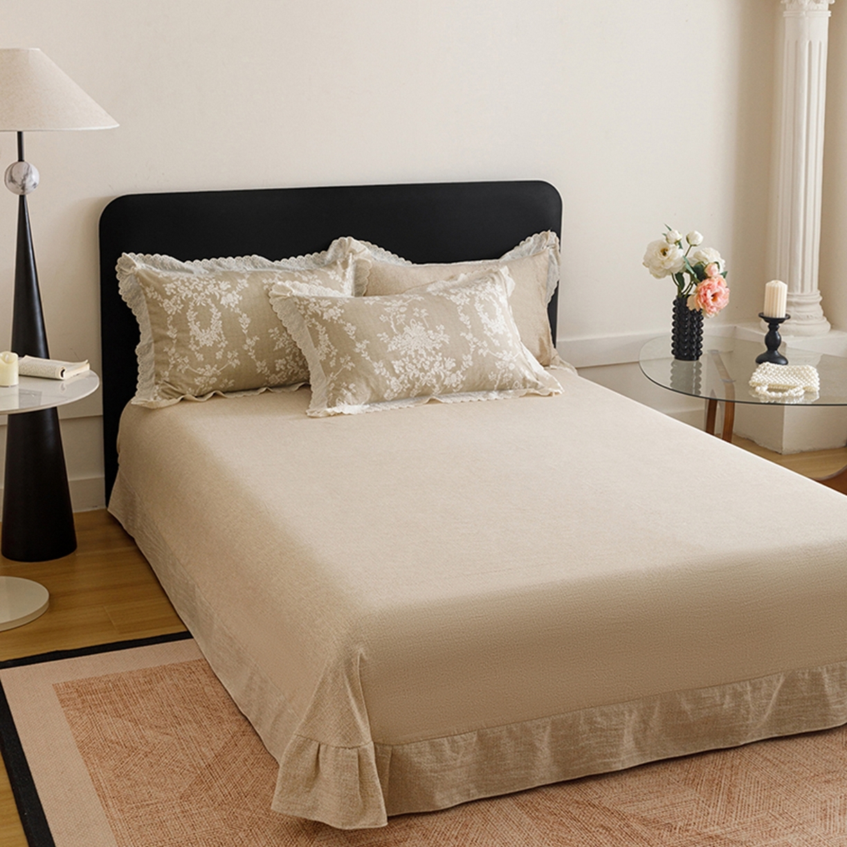 91家纺网 家纺一手货源 找家纺 悦然毛巾被 2026春夏新款加厚原麻水洗复古风四件套亚麻提花花边四件套 花梦缘