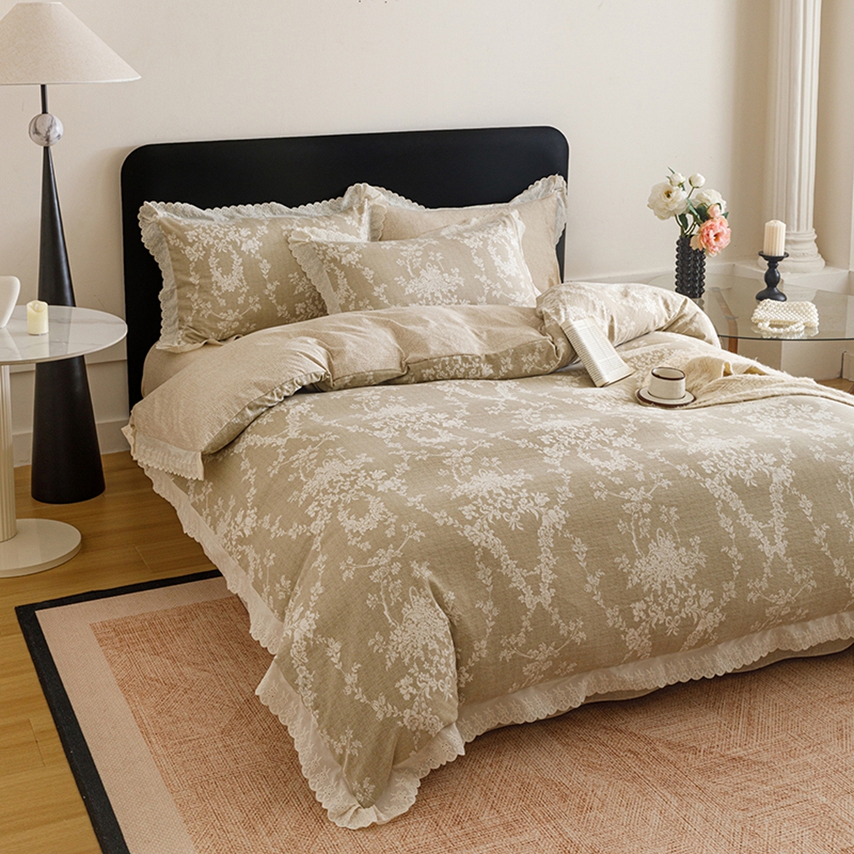 91家纺网 家纺一手货源 找家纺 悦然毛巾被 2026春夏新款加厚原麻水洗复古风四件套亚麻提花花边四件套 花梦缘