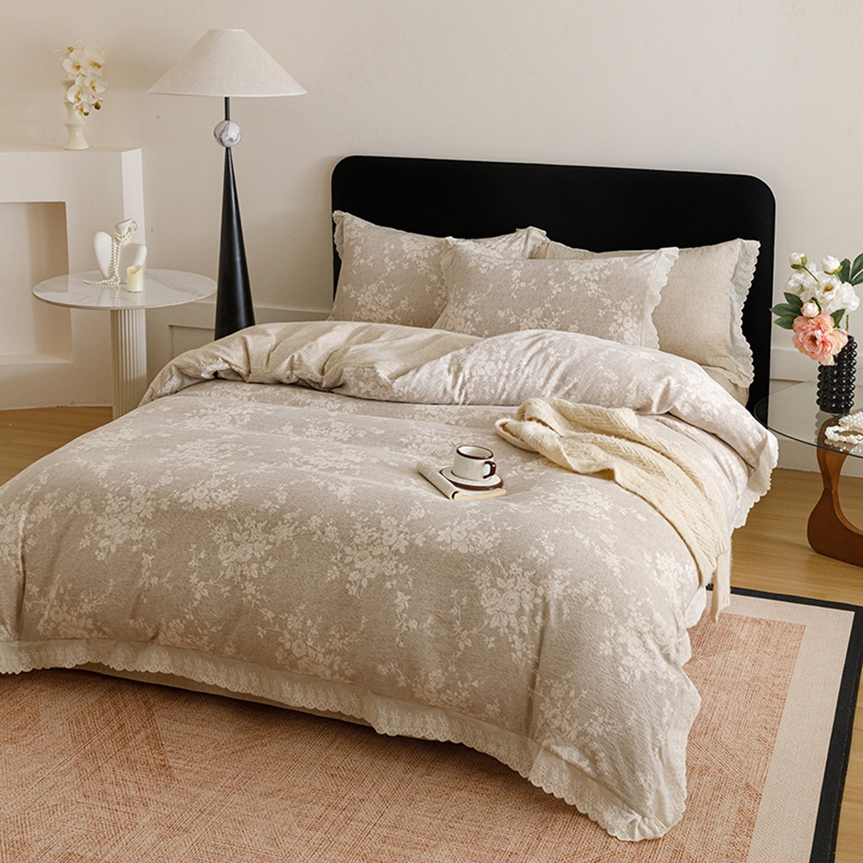 91家纺网 家纺一手货源 找家纺 悦然毛巾被 2026春夏新款加厚原麻水洗复古风四件套亚麻提花花边四件套 相思叶