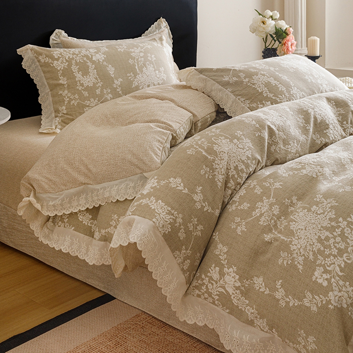 91家纺网 家纺一手货源 找家纺 悦然毛巾被 2026春夏新款加厚原麻水洗复古风四件套亚麻提花花边四件套 花梦缘