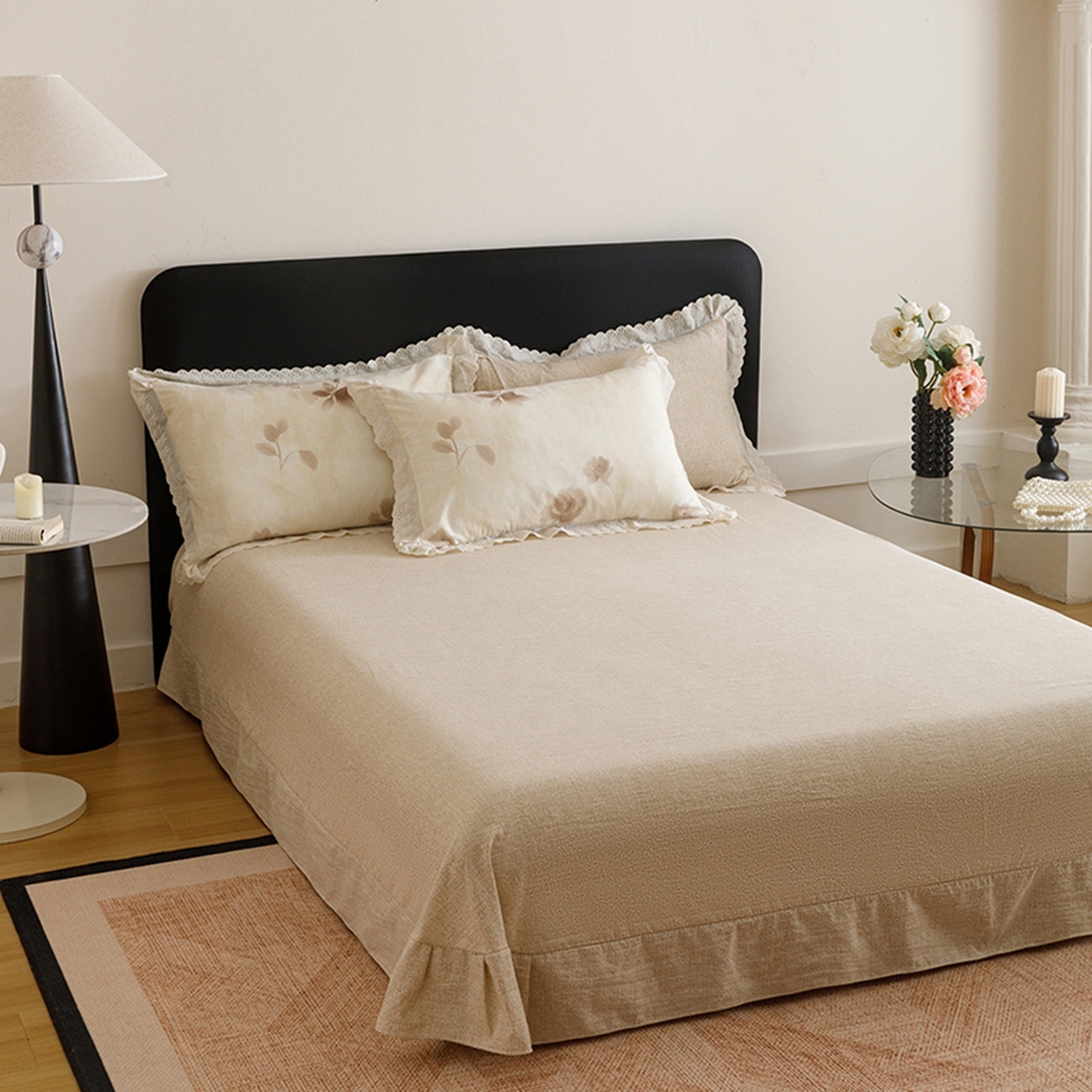 91家纺网 家纺一手货源 找家纺 悦然毛巾被 2026春夏新款加厚原麻水洗复古风四件套亚麻提花花边四件套 花影织梦