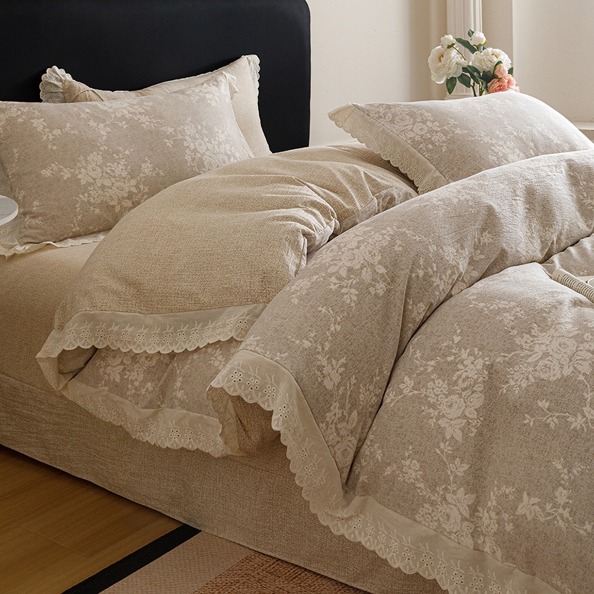 91家纺网 家纺一手货源 找家纺 悦然毛巾被 2026春夏新款加厚原麻水洗复古风四件套亚麻提花花边四件套 相思叶