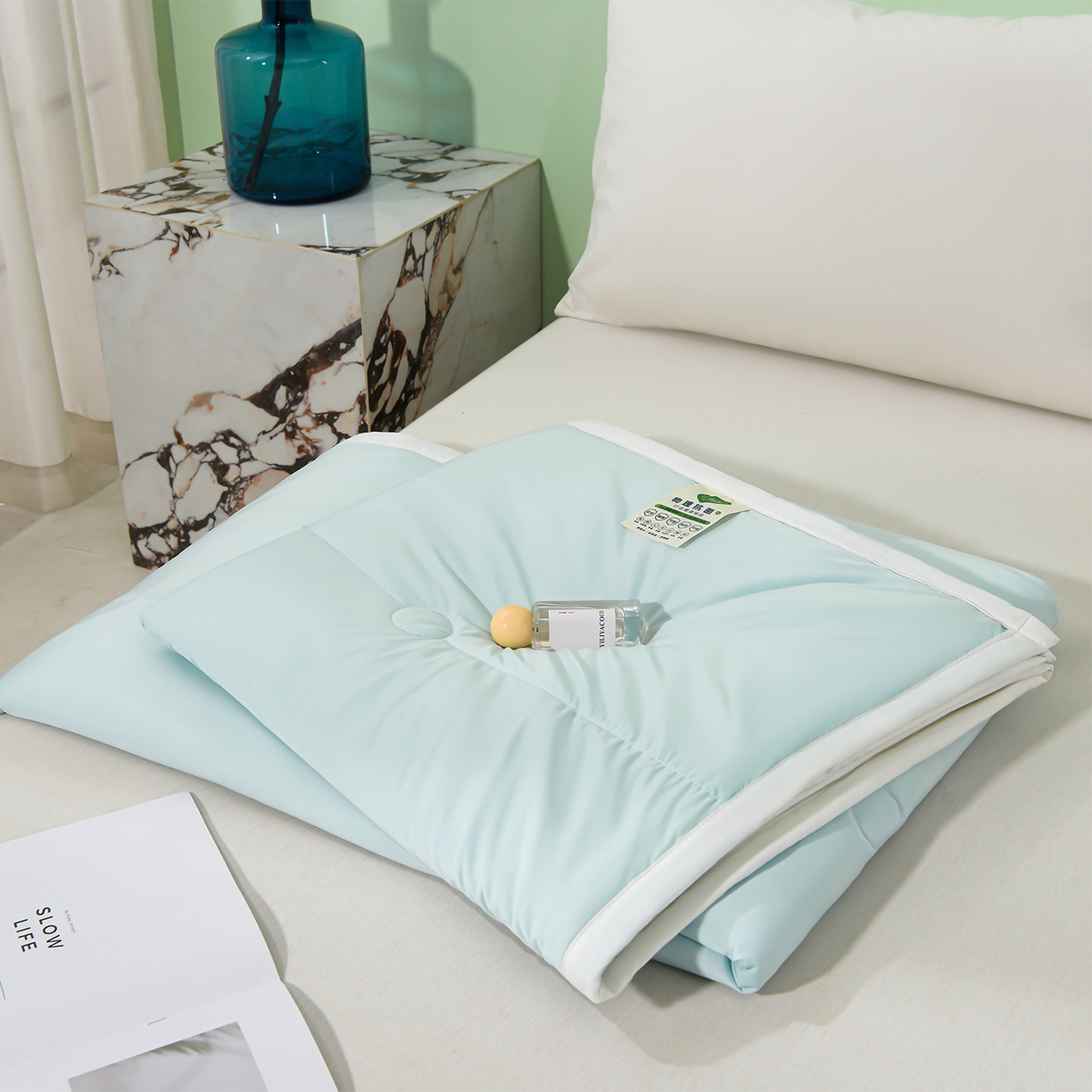 91家纺网 家纺一手货源 找家纺 羽涵家纺 2026新款双感凉感丝夏被夏凉被空调被 天青蓝