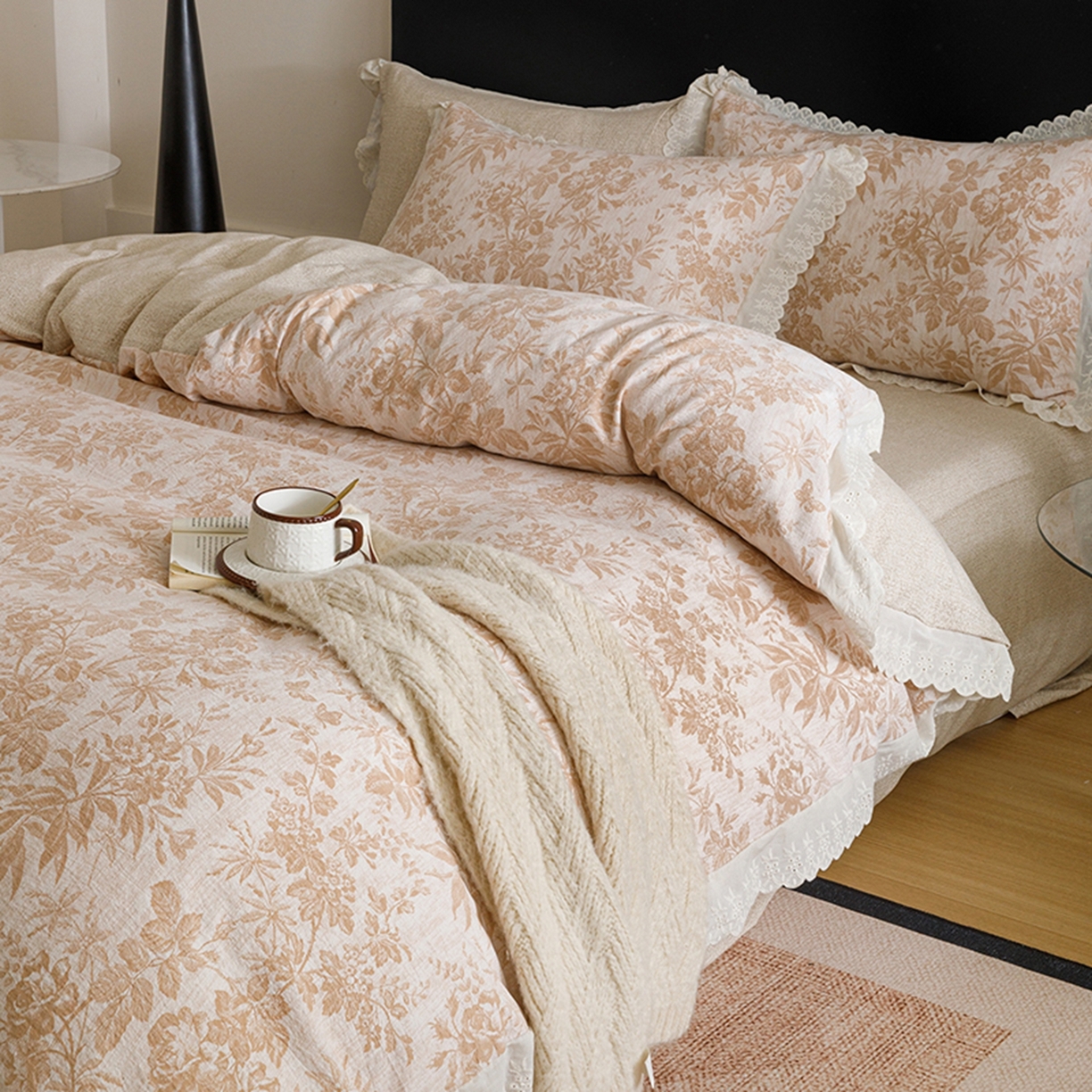 91家纺网 家纺一手货源 找家纺 悦然毛巾被 2026春夏新款加厚原麻水洗复古风四件套亚麻提花花边四件套 木棉花信