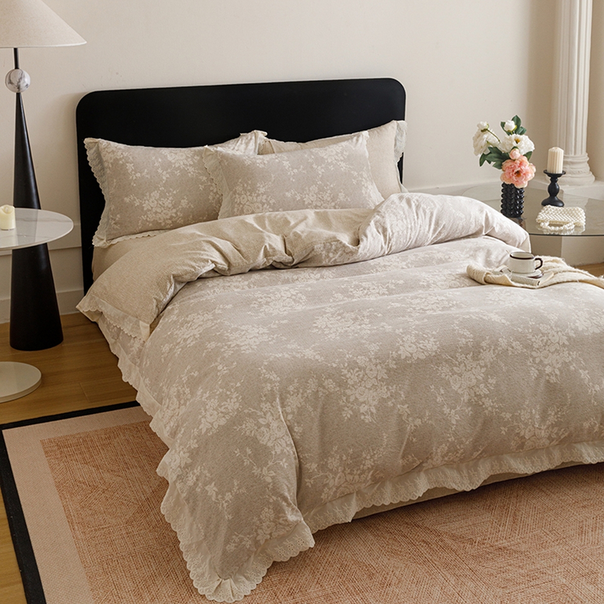 91家纺网 家纺一手货源 找家纺 悦然毛巾被 2026春夏新款加厚原麻水洗复古风四件套亚麻提花花边四件套 相思叶