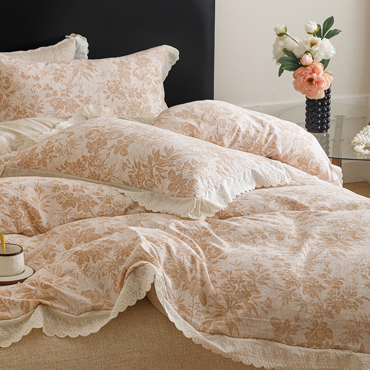 91家纺网 家纺一手货源 找家纺 悦然毛巾被 2026春夏新款加厚原麻水洗复古风四件套亚麻提花花边四件套 木棉花信