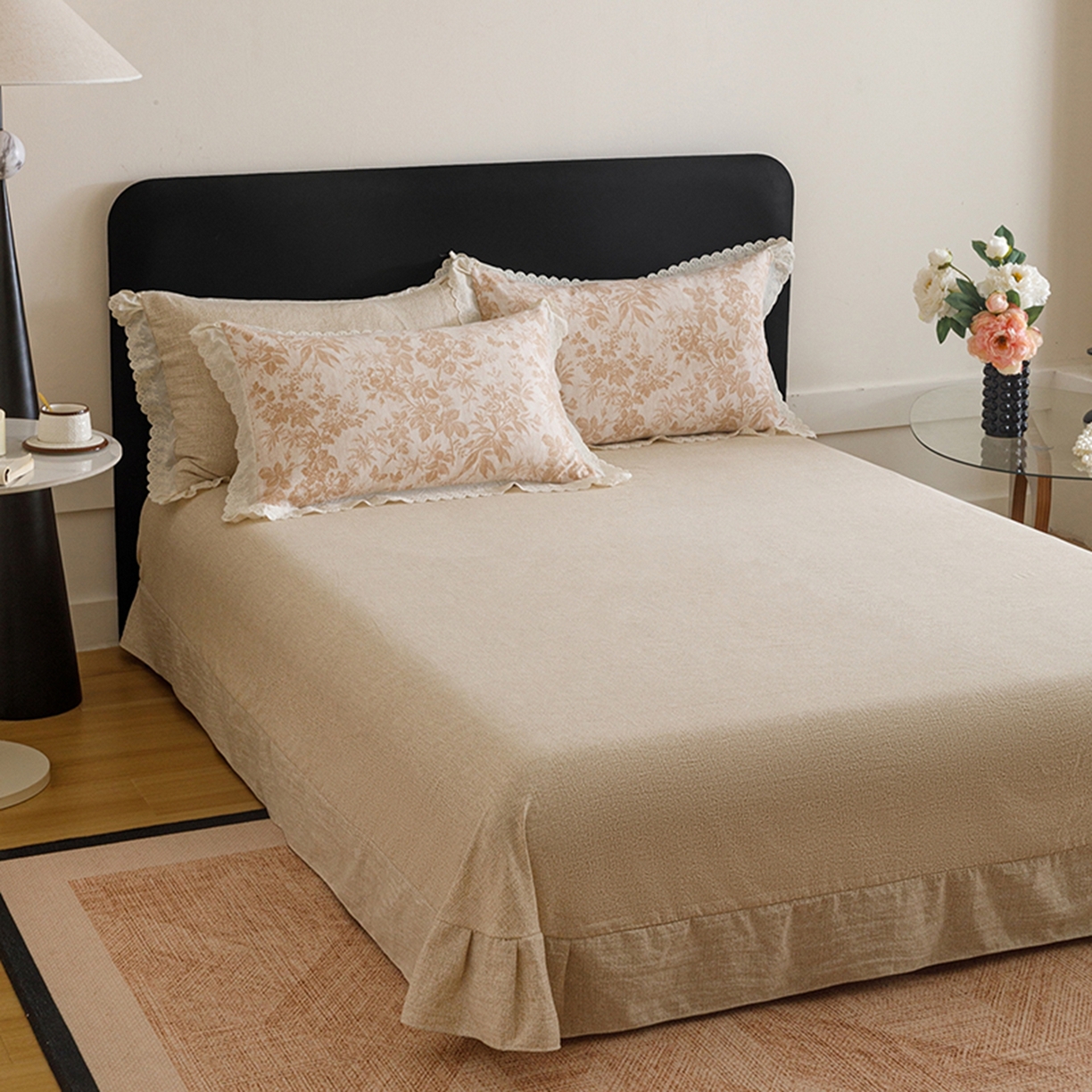 91家纺网 家纺一手货源 找家纺 悦然毛巾被 2026春夏新款加厚原麻水洗复古风四件套亚麻提花花边四件套 木棉花信